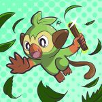  absurdres commentary creature english_commentary fang gen_8_pokemon green_background grookey harlequinwaffles highres holding holding_stick jumping leaf leaves_in_wind no_humans open_mouth pokemon pokemon_(creature) polka_dot polka_dot_background signature solo sparkle starter_pokemon stick 