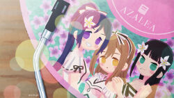  3girls :o aqua_eyes azalea_(love_live!) black_hair blue_hair blunt_bangs blurry bokeh bow breasts brown_hair closed_mouth clothing_cutout commentary_request dark_blue_hair depth_of_field dress flower grin hair_bow hair_flower hair_ornament high_ponytail highres kunikida_hanamaru kurosawa_dia long_hair looking_at_viewer love_live! love_live!_sunshine!! matsuura_kanan medium_breasts meidosan mole mole_under_mouth multiple_girls official_alternate_costume parted_lips ponytail record short_sleeves shoulder_cutout sidelocks smile split_mouth strapless strapless_dress torikoriko_please!! turntable twitter_username violet_eyes white_bow white_dress white_flower yellow_eyes 