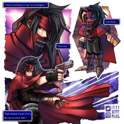  1boy belt black_gloves black_hair cape chibi clawed_gauntlets cloak covered_mouth english_text final_fantasy final_fantasy_vii gauntlets gloves gun hair_between_eyes headband highres holding holding_gun holding_weapon ittybittypixel jacket long_hair low_poly male_focus multiple_belts multiple_views pants pointed_footwear red_cape red_cloak red_eyes red_headband single_gauntlet speech_bubble vincent_valentine weapon 