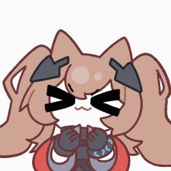  >_< 1girl :3 :d amedrama angelina_(arknights) angelina_(endfield)_(arknights) animal_ears animated animated_gif arknights arknights:_endfield black_gloves bracelet brown_hair chibi commentary_request excited fox_ears gloves hair_between_eyes hands_up headpiece highres infection_monitor_(arknights) jacket jewelry korean_commentary long_hair long_sleeves looking_at_viewer no_nose open_clothes open_jacket red_eyes red_jacket simple_background smile solid_eyes solo twintails upper_body white_background 