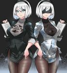  1girl adapted_costume black_jacket black_skirt black_sweater blazer blue_eyes breasts brown_legwear cowboy_shot fine_fabric_emphasis freshtango grey_sweater hairband hand_up highres holding jacket large_breasts looking_at_viewer miniskirt mole mole_under_mouth multiple_views nier_(series) nier_automata office_lady open_mouth pantyhose pencil_skirt short_hair side_slit silver_hair skirt standing sweater turtleneck turtleneck_sweater white_jacket white_skirt yorha_no._2_type_b 