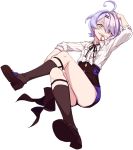  1girl arm_over_head artist_request biting collared_shirt diamond_(shape) full_body garters hair_between_eyes hair_ornament honkai_(series) honkai_impact_3rd looking_at_viewer multicolored_hair neck_ribbon official_art pink_hair pocket_watch purple_hair ribbon sharp_teeth shirt sin_mal sitting sleeves_rolled_up smile source_request striped striped_shirt teeth tomboy two-tone_hair watch 