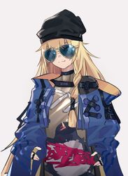  1girl absurdres bangs black_headwear blonde_hair blue_coat blunt_bangs braid closed_mouth coat eyewear_on_head girls_frontline hat highres long_hair long_sleeves side_braid solo sunglasses triangle_print vhs_(girls_frontline) xiukukkii 