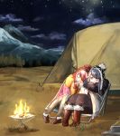  2girls blue_hair boots campfire camping camping_chair chair closed_eyes clouds coffee coffee_cup commentary cup disposable_cup fire forest grass hat head_on_another&#039;s_shoulder kagamihara_nadeshiko long_hair mountain multiple_girls nature night night_sky outdoors pink_hair radio scarf shima_rin sitting sky sleeping smile star_(sky) starry_sky steam suda tent tree violet_eyes winter_clothes yuri yurucamp 