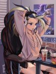  1girl absurdres akali black_eyes coca-cola commission english_commentary hair_tie_in_mouth highres k/da_(league_of_legends) league_of_legends mouth_hold nike pink_hoodie poster pout sitting solo the_baddest_akali tiger_june tying_hair 