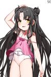  1girl absurdres arm_up black_hair brown_eyes camisole double_bun facial_mark fate/grand_order fate_(series) forehead_mark gaishi_yuu hair_bun hand_on_own_head highres long_hair one-piece_swimsuit open_mouth pink_camisole sesshouin_kiara_(lily) simple_background smile solo swimsuit thighs very_long_hair white_background white_swimsuit 