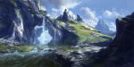  blue_sky cliff clouds cloudy_sky commentary day highres krita_(medium) landscape mountain no_humans original outdoors philipp_urlich scenery signature sky stream tree twitter_username water waterfall 