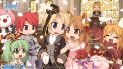  3girls 4boys animal_ear_fluff animal_ears arch_bishop_(ragnarok_online) armor ascot beard bell belt bicorne black_coat black_hat black_pants black_scarf blonde_hair blue_dress blue_eyes bouquet breasts bride brown_belt brown_eyes brown_gloves brown_hair brown_jacket buttons chainmail church coat copyright_notice cowboy_shot dress emblem facial_hair fake_animal_ears fang father_vomars flower fox_ears fox_girl frilled_dress frilled_sleeves frills gauntlets gloves gold_trim green_eyes green_hair grey_shirt groom hair_bell hair_ornament hair_ribbon hat hetero highres holding holding_bouquet holding_instrument husband_and_wife indoors instrument jacket jingle_bell knight knight_(ragnarok_online) locked_arms logo long_hair looking_at_another looking_to_the_side lute_(instrument) masked merchant_(ragnarok_online) minstrel_(ragnarok_online) multiple_boys multiple_girls official_alternate_costume official_art official_wallpaper open_mouth pants pauldrons petals pew pink_dress pink_gloves poring priest purple_tabard rabbit_ears ragnarok_online red_flower red_nose red_ribbon red_rose redhead ribbon rose scarf shirt short_hair shoulder_armor sidelocks small_breasts smile stained_glass strapless strapless_dress striped_clothes striped_scarf tabard twintails two-tone_dress unworn_gloves violet_eyes wedding wedding_dress white_ascot white_dress white_gloves white_scarf white_shirt yuichirou 