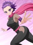  1girl breasts gym_leader highres janine_(pokemon) japanese_clothes looking_at_viewer ninja pokemon pokemon_(game) pokemon_gsc purple_hair scarf short_hair solo violet_eyes yensh 