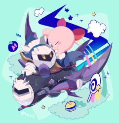  artist_name blue_background blue_cape blue_eyes blue_skin blush_stickers burger candy cape clouds colored_skin floating food gloves halberd_(airship) holding_hands invincible_candy kirby kirby_(series) komoreg lollipop looking_at_another meta_knight no_humans one_eye_closed pink_skin purple_cape purple_footwear rainbow red_footwear shoes sitting solid_oval_eyes star_(symbol) swirl_lollipop tomato two-sided_cape two-sided_fabric white_gloves white_mask yellow_eyes 