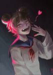  1girl bangs blonde_hair blunt_bangs boku_no_hero_academia cardigan double_bun fang heart long_sleeves looking_at_viewer messy_hair open_mouth school_uniform serafuku seth smile solo teeth toga_himiko upper_body yellow_eyes 