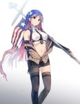  1girl american_flag asymmetrical_legwear bangs between_breasts black_neckwear black_skirt blue_hair breasts brown_vest closed_mouth detached_sleeves eyebrows_visible_through_hair flag gradient gradient_background holding kantai_collection large_breasts long_hair multicolored_hair navel necktie necktie_between_breasts redhead satsumi sidelocks simple_background single_leg_pantyhose single_thighhigh skirt solo south_dakota_(kantai_collection) star_(symbol) thigh-highs vest white_hair 
