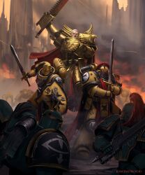  6+boys absurdres adeptus_astartes armor artist_name battle black_legion building chainsword chaos_space_marine english_commentary explosion full_armor helmet highres holding holding_shield holding_sword holding_weapon imperial_fists konstantinvoid male_focus multiple_boys open_mouth orange_sky outdoors pauldrons primarch rogal_dorn shield shoulder_armor sky standing sword warhammer_40k weapon white_hair 