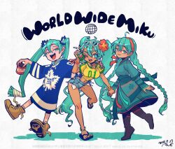  3girls 5ntmg aqua_eyes aqua_hair brazilian_miku canadian_miku_(kyu-bum_lee) deel english_text full_body hatsune_miku mongolian_clothes mongolian_miku_(genniax) multiple_girls oversized_clothes oversized_shirt sandals shirt vocaloid worldwide_miku 