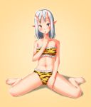  1girl bare_shoulders barefoot blush breasts brown_eyes full_body horns index_finger_raised long_fingers midriff navel oni oni_horns original pointy_ears setsubun silver_hair simple_background small_breasts solo tamoo-kurichala 