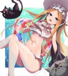  1girl abigail_williams_(fate/grand_order) abigail_williams_(swimsuit_foreigner)_(fate) bangs bare_shoulders bikini black_cat blonde_hair blue_eyes blush bonnet bow breasts cat fate/grand_order fate_(series) forehead hair_bow highres innertube long_hair looking_at_viewer miniskirt navel open_mouth parted_bangs shirokuma1414 sidelocks skirt small_breasts smile swimsuit thighs twintails very_long_hair white_bikini white_bow white_headwear 