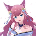  1girl ahri animal_ears blue_eyes close-up fox_ears fox_girl long_hair looking_at_viewer open_mouth pink_hair skynokii solo spirit_blossom_ahri white_background 