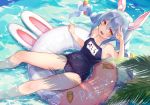  1girl :d animal_ears arm_up bangs bare_legs bare_shoulders blue_hair braid brat breasts carrot_hair_ornament eyebrows eyebrows_visible_through_hair food_themed_hair_ornament hair_ornament hand_over_eye hololive innertube multicolored_hair open_mouth orange_eyes plant rabbit_ears school_swimsuit small_breasts smile solo swimsuit teeth twintails two-tone_hair usada_pekora v virtual_youtuber white_hair 