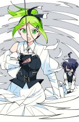  22/7 2girls belt belt_buckle black_belt black_gloves black_hair bodice bow bow_hairband buckle dress epee fencing floating_hair flying_sweatdrops gloves green_eyes green_hair grey_background hair_bow hair_ornament hairband hairclip high_ponytail highres holding holding_sword holding_weapon kiryu_touko long_sleeves looking_at_object multiple_girls open_mouth parted_bangs short_hair simple_background standing sword takigawa_miu trefle_r two-tone_bow two-tone_hairband v-shaped_eyebrows v_arms weapon white_dress 