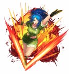 1girl artist_request black_gloves blue_eyes blue_hair boku_&amp;_dragons boots earrings explosion fighting_stance gloves green_jacket green_shorts highres jacket jewelry leona_heidern looking_at_viewer military military_uniform official_art ponytail serious shorts soldier solo the_king_of_fighters tied_hair triangle_earrings uniform v white_background 