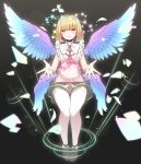  1boy bangs beatmania beatmania_iidx bemani black_background blonde_hair blunt_bangs commentary earrings eyes_visible_through_hair feathered_wings full_body highres jewelry kinakomoti light_smile lock looking_at_viewer male_focus medium_hair multicolored multicolored_wings multiple_wings otoko_no_ko outstretched_arms parted_lips rche_(beatmania) red_eyes red_nails short_shorts shorts simple_background sleeveless solo thigh-highs white_legwear wings 
