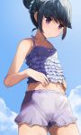  1girl blue_hair day frilled_swimsuit frills hair_bun highres hiroki_(yyqw7151) jitome midriff navel outdoors shima_rin short_shorts shorts sky solo swimsuit violet_eyes wet wet_clothes wet_hair yurucamp 