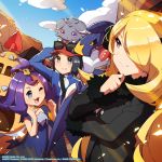  1boy 2girls ;3 acerola_(pokemon) arm_up artist_request black_coat black_hair blonde_hair blue_jacket blush calem_(pokemon) clenched_hands clouds coat commentary cynthia_(pokemon) dated day dress english_commentary espurr eyelashes fur-trimmed_coat fur_trim garchomp gen_4_pokemon gen_6_pokemon gen_7_pokemon grey_eyes hair_over_one_eye hand_on_own_chin hands_up hat highres jacket long_sleeves multiple_girls official_art on_head one_eye_closed open_mouth outdoors palossand pokemon pokemon_(creature) pokemon_(game) pokemon_dppt pokemon_masters_ex pokemon_on_head pokemon_sm pokemon_xy purple_hair red_headwear rock shiny shiny_hair sky smile standing stitches sunglasses teeth tongue turtleneck watermark 