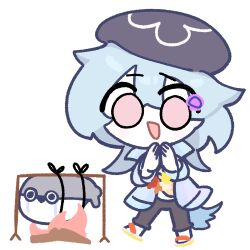  1boy absurdres amedrama arknights blue_hair chibi chibi_only commentary_request crying highres korean_commentary long_hair male_focus mizuki_(arknights) mizuki_(summer_feast)_(arknights) official_alternate_costume open_mouth pink_eyes rotisserie sacabambaspis solo 