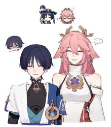  1boy 1girl animal_ears arms_at_sides bare_shoulders black_bodysuit black_hair blue_cape blue_gemstone blue_kimono blue_sleeves blunt_ends bodysuit cape chibi chibi_inset closed_eyes closed_mouth covered_collarbone detached_sleeves droopy_ears earrings eyeliner eyeshadow facing_viewer false_smile flower fox_ears gem genshin_impact gold hair_between_eyes han'eri highres japanese_clothes jewelry kimono layered_kimono layered_sleeves long_hair looking_at_viewer makeup mandarin_collar nonons nontraditional_miko open_clothes open_kimono pale_skin pink_hair purple_flower purple_rope red_eyeliner red_eyeshadow red_lips rope scaramouche_(genshin_impact) short_sleeves shoulder_peek sidelocks smile straight-on vision_(genshin_impact) wanderer_(genshin_impact) white_background white_kimono white_sleeves yae_miko 