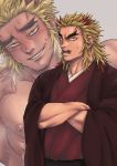  1boy bara blonde_hair chest chun_(luxtan) crossed_arms facial_hair forked_eyebrows kimetsu_no_yaiba male_focus manly medium_hair multicolored_hair muscle nipples pectorals redhead rengoku_shinjurou solo streaked_hair stubble sweat two-tone_hair 