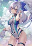  1girl ass_visible_through_thighs bangs bare_hips bare_shoulders blue_bow blue_sky blurry blush bokeh bow breasts closed_mouth clouds cloudy_sky commentary_request competition_swimsuit contrapposto covered_collarbone cowboy_shot cumulonimbus_cloud day depth_of_field fate/grand_order fate_(series) hair_between_eyes hair_bow head_tilt high_ponytail lens_flare long_hair looking_at_viewer medium_breasts multicolored multicolored_clothes multicolored_swimsuit one-piece_swimsuit outdoors ponytail red_eyes silver_hair skindentation sky smile solo sparkle sweat swimsuit thigh_strap thighs tomoe_gozen_(fate/grand_order) towel very_long_hair wet yoshimoto_(dear_life) 