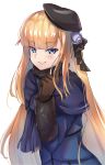  1girl bangs black_gloves blonde_hair blue_coat blue_eyes blue_scarf blunt_bangs blush closed_mouth coat fate/grand_order fate_(series) flower gloves hair_flower hair_ornament highres long_hair looking_at_viewer lord_el-melloi_ii_case_files reines_el-melloi_archisorte scarf shiny shiny_hair simple_background smile solo upper_body white_background yahan_(mctr5253) 