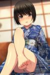  1girl absurdres bangs black_hair blue_kimono blurry blurry_background blush brown_eyes crossed_legs depth_of_field eyebrows_visible_through_hair feet floral_print hair_between_eyes highres indoors japanese_clothes kimono legs looking_at_viewer matsunaga_kouyou nose_blush obi original panties parted_lips print_kimono sash short_hair sitting solo underwear upper_teeth white_panties 