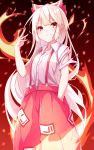  1girl baggy_pants bangs bow buttons collared_shirt cowboy_shot eyebrows_visible_through_hair fire fujiwara_no_mokou hair_bow hand_in_pocket highres hime_cut long_hair looking_at_viewer nankotsu ofuda pants red_eyes red_pants shirt short_sleeves sidelocks silver_hair smug suspenders torn_clothes touhou very_long_hair white_shirt 