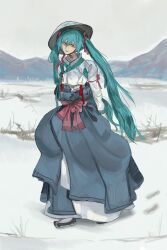  1girl absurdres aqua_eyes aqua_hair black_footwear blue_skirt english_commentary full_body hanbok hat hatsune_miku highres kkghost_tv korea korean_clothes long_hair mountainous_horizon outdoors pointed_footwear rice_hat skirt sky snow solo twintails very_long_hair vocaloid winter worldwide_miku 