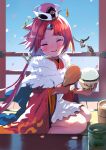  1girl apron benienma_(fate/grand_order) bird bowl closed_eyes eurasian_tree_sparrow fate/grand_order fate_(series) highres low_ponytail ohitsu petals redhead rice rice_bowl rice_spoon sitting sparrow tasuku_(otomebotan) wariza wide_sleeves 