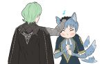  1boy 1girl animal_ear_fluff animal_ears armor back black_armor black_cape black_gloves blue_capelet blue_dress blue_hair blush braid byleth_(fire_emblem) byleth_eisner_(male) cape capelet closed_eyes closed_mouth crown_braid dress epaulettes fire_emblem fire_emblem:_three_houses francisco_mon gloves green_hair highres long_sleeves marianne_von_edmund musical_note petting ribbon short_hair simple_background tail tail_wagging white_background white_ribbon wolf_ears wolf_tail 