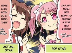 2girls bang_dream! collar english_text eyebrows_visible_through_hair light_blush maruyama_aya official_art red_necktie short_sleeves speech_bubble sweatdrop toyama_kasumi translated twintails