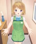  1girl apron bangs bow brown_hair commentary_request eichisu eyebrows_visible_through_hair flower flower_pot frame highres incoming_hug koizumi_hanayo looking_at_viewer love_live! love_live!_school_idol_project open_mouth otonokizaka_school_uniform reaching_out school_uniform short_hair solo swept_bangs violet_eyes wooden_floor 