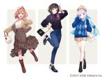  3girls :d ahoge animal_on_head argyle argyle_sweater asahikawa_hiyori bag bangs bare_legs beret bird bird_on_head black_footwear black_hair black_skirt black_sweater blue_hair blue_sweater blunt_bangs boots bracelet braid brown_footwear brown_hair brown_headwear brown_skirt chain character_request denim eyebrows_visible_through_hair flower full_body green_eyes grin hair_bun hair_flower hair_ornament hair_over_shoulder hairclip hand_up handbag hat high-waist_skirt holding holding_bag honma_himawari jeans jewelry knee_boots leg_up lize_helesta long_hair long_skirt long_sleeves miniskirt multicolored_hair multiple_girls necklace nijisanji on_head open_mouth pants patterned_clothing ribbon salute sebastian_piyodore shirt shoes short_hair shoulder_bag silver_hair skirt smile sneakers socks standing standing_on_one_leg sunflower_hair_ornament sweater twin_braids two-tone_background two-tone_hair v violet_eyes virtual_youtuber white_shirt wristband yellow_ribbon 