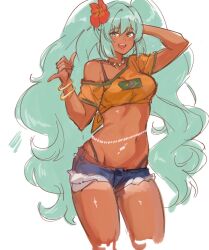  1girl ayanobro bead_necklace beads blush bracelet brazilian_flag brazilian_flag_print brazilian_miku dark-skinned_female dark_skin denim denim_shorts flag_print flower green_eyes green_hair hair_flower hair_ornament hatsune_miku highleg highleg_panties highres jewelry long_hair necklace panties redrawn shorts tan twintails underwear very_long_hair vocaloid 