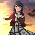  1girl bangs blue_hair blush braid cardigan clouds cowboy_shot dress hair_between_eyes hair_bobbles hair_ornament hairclip idolmaster idolmaster_shiny_colors long_sleeves low_twin_braids medium_hair morino_rinze open_cardigan open_clothes open_mouth orange_sky outdoors red_cardigan red_eyes sky smile solo star_(sky) starry_sky sunset torinabe twin_braids twitter_username white_dress 