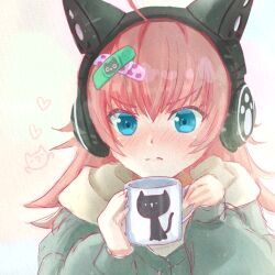  1girl ahoge animal_ear_headphones animal_ears bang_dream! blue_eyes blue_jacket blush closed_mouth commentary_request cup fake_animal_ears headphones holding holding_cup jacket kaminchu long_hair mug pink_hair solo tamade_chiyu upper_body 