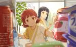  2girls :3 ? bangs black_hair blue_hair blunt_bangs blurry_foreground brown_eyes eating food foreshortening highres idolmaster idolmaster_million_live! in_container indoors jam kitakami_reika long_hair low_twintails marimo_(momiage) medium_hair multiple_girls plant potted_plant pudding red_eyes redhead refrigerator refrigerator_interior spoon_in_mouth strawberry_jam thought_bubble twintails 