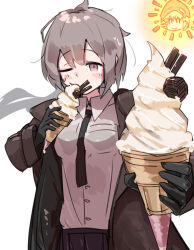  1girl ahoge black_gloves black_necktie black_skirt blush breasts brown_jacket collared_shirt commentary_request double-parted_bangs dress_shirt eating food girls_frontline gloves grey_hair hair_between_eyes highres holding holding_ice_cream_cone ice_cream ice_cream_cone jacket long_hair looking_at_viewer low_ponytail m200_(girls'_frontline) necktie nyanpu one_eye_closed open_clothes open_jacket pleated_skirt scar-l_(girls'_frontline) shirt sidelocks simple_background skirt small_breasts solo sweat upper_body violet_eyes white_background white_shirt 