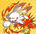  :d absurdres commentary english_commentary fire gen_8_pokemon harlequinwaffles highres jumping no_humans open_mouth orange_background pokemon pokemon_(creature) polka_dot polka_dot_background rabbit scorbunny signature smile solo star_(symbol) starter_pokemon upper_teeth 