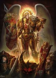  4boys absurdres adeptus_astartes angel_wings armor banner blood_angels bolter chalice chenart12 closed_mouth cup dreadnought_(warhammer_40k) english_commentary full_armor full_body glowing grey_eyes gun handgun highres holding long_hair looking_at_viewer male_focus multiple_boys primarch sanguinius sheath sheathed short_hair standing sword terminator_armor warhammer_40k weapon wings 
