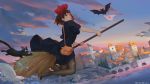  1girl animal anson_zheng bag bare_arms bat bird black_cat black_dress black_legwear bob_cut bow bridge broom broom_riding brown_hair building cat clouds dress dutch_angle floating_hair flying from_side hair_bow hairband highres holding holding_broom jiji_(majo_no_takkyuubin) kiki majo_no_takkyuubin no_shoes open_mouth outdoors panties panties_removed pantyhose print_panties red_bow ribbon river satchel seagull short_hair short_sleeves sky tears torn_clothes torn_legwear twilight underwear water witch 