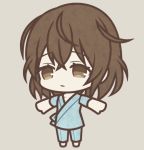  1girl bangs barefoot blue_pants blue_shirt brown_eyes brown_hair chibi closed_mouth eyebrows_visible_through_hair grey_background hair_between_eyes long_hair mono_lith original outstretched_arms pants shirt short_sleeves simple_background solo standing 