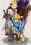  1boy 1girl bare_shoulders blonde_hair dirty dirty_clothes dirty_face highres holding holding_sword holding_weapon kneeling link long_hair looking_up master_sword open_mouth pointy_ears princess_zelda shimure_(460) sword the_legend_of_zelda the_legend_of_zelda:_breath_of_the_wild weapon 